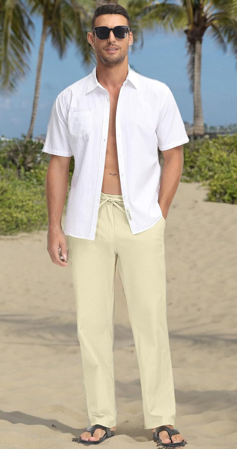 Men'S Linen Pants Casual Elastic Waist Drawstring Yoga Beach Trousers