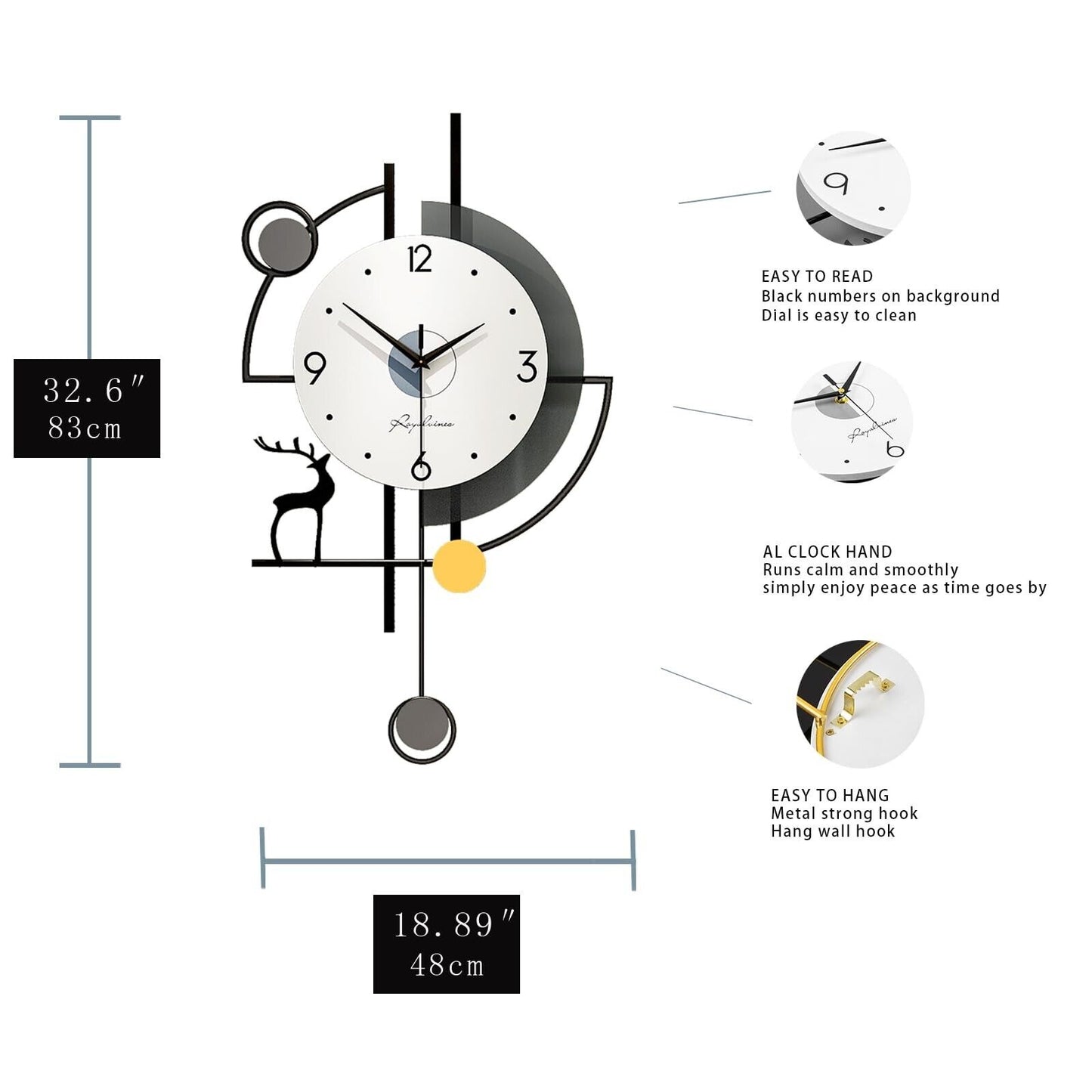 FLEBLE Extra Large Wall Clock for Living Room Decor Modern Wall Clocks Decora...