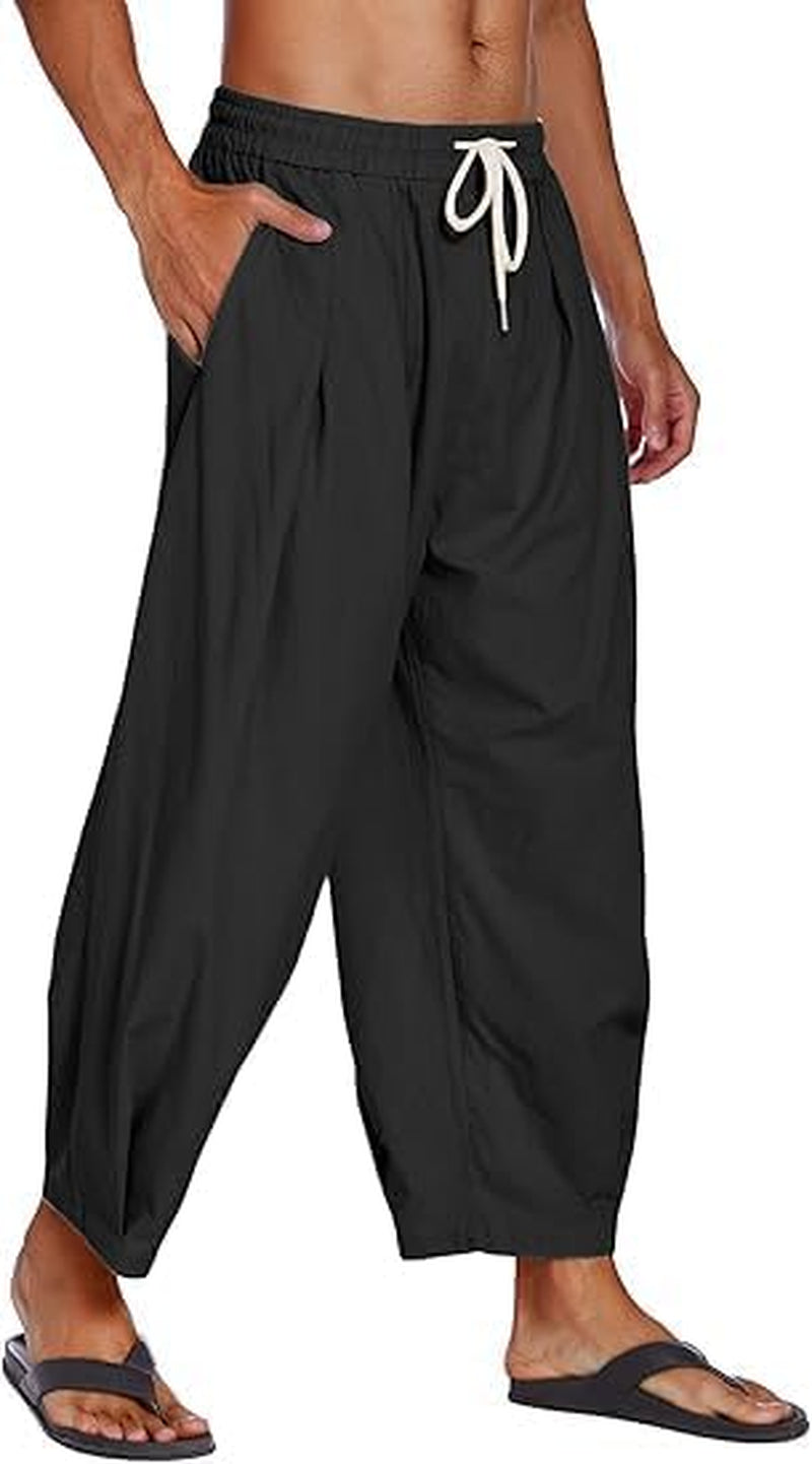 Men'S Cotton Linen Harem Pants Drawstring Casual Cropped Trousers Lightweight Loose Beach Yoga Pants with Pockets