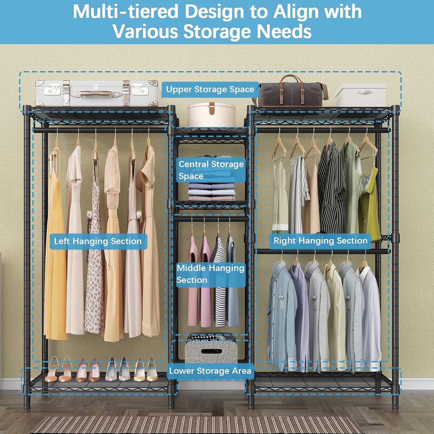 V6C Heavy Duty 5 Tiers Wire Garment Rack Large Size Wardrobe Closet Black Metal Clothing Rack with Black Oxford Fabric Cover, 75.6" L X 18.5" W X 76.4" H, Max Load 780 LBS