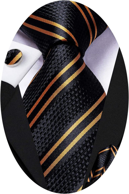 Men Ties Sets Silk Stripe Paisley Necktie Pocket Square Cufflinks for Business Wedding