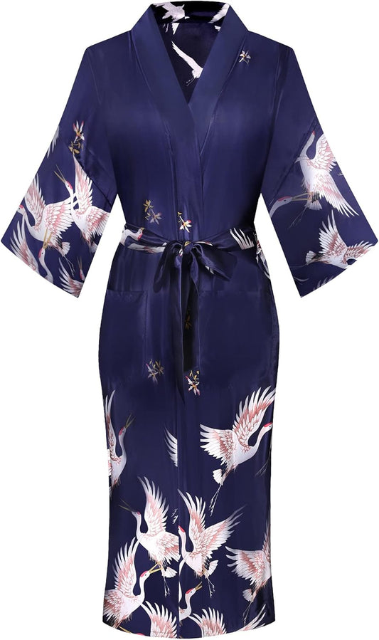 Women'S Floral/Patterned Silky Kimono Robes Long Satin Bathrobes Sleepwear Loungewear