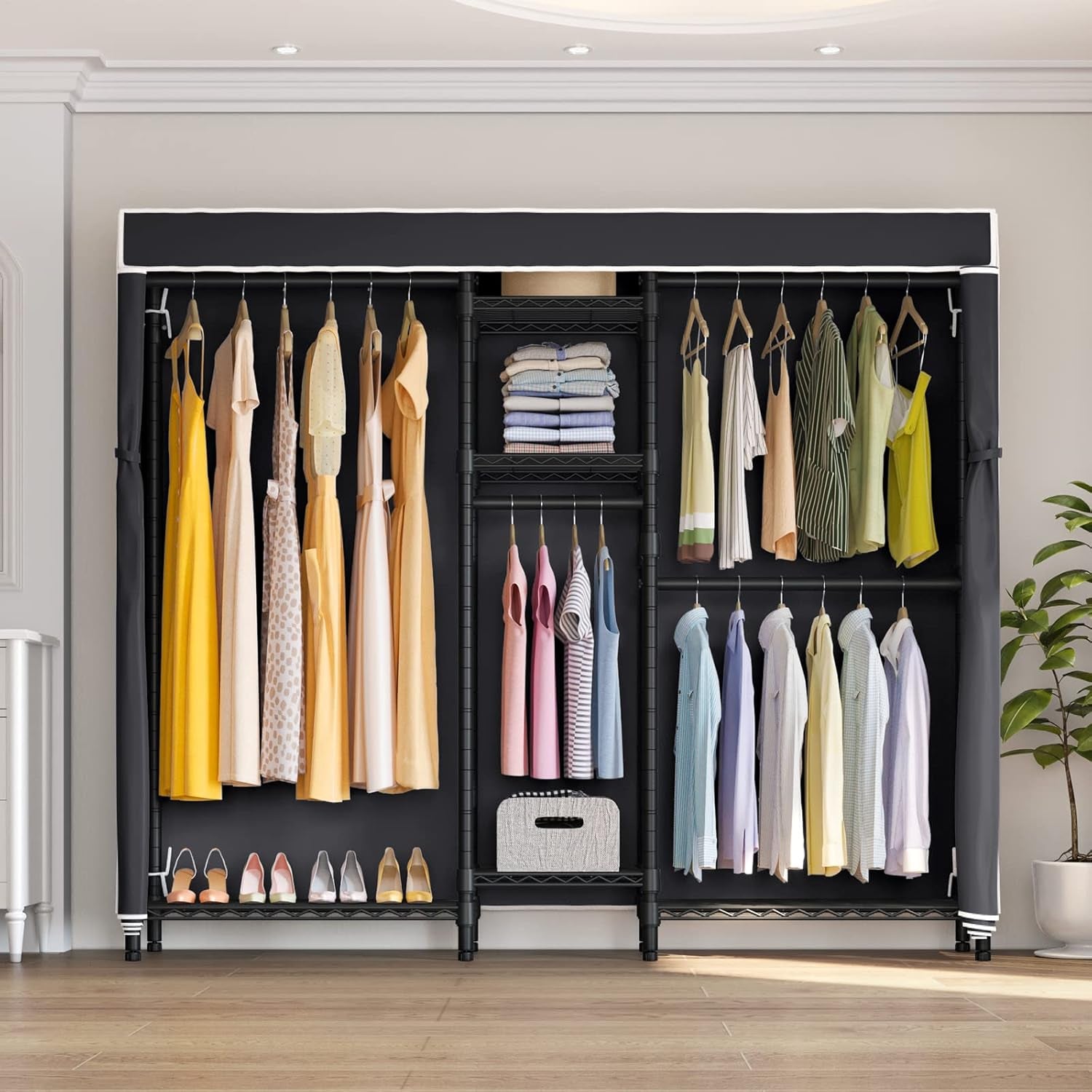 V6C Heavy Duty 5 Tiers Wire Garment Rack Large Size Wardrobe Closet Black Metal Clothing Rack with Black Oxford Fabric Cover, 75.6" L X 18.5" W X 76.4" H, Max Load 780 LBS