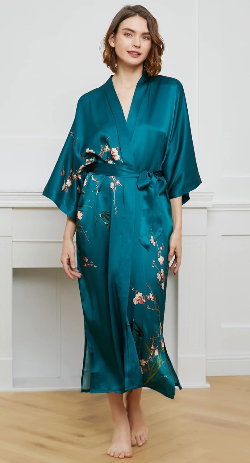 Women'S 100% Silk Kimono Long Robe - Classic Colors and Prints