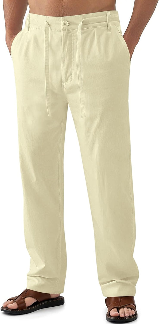 Men'S Linen Pants Casual Elastic Waist Drawstring Yoga Beach Trousers