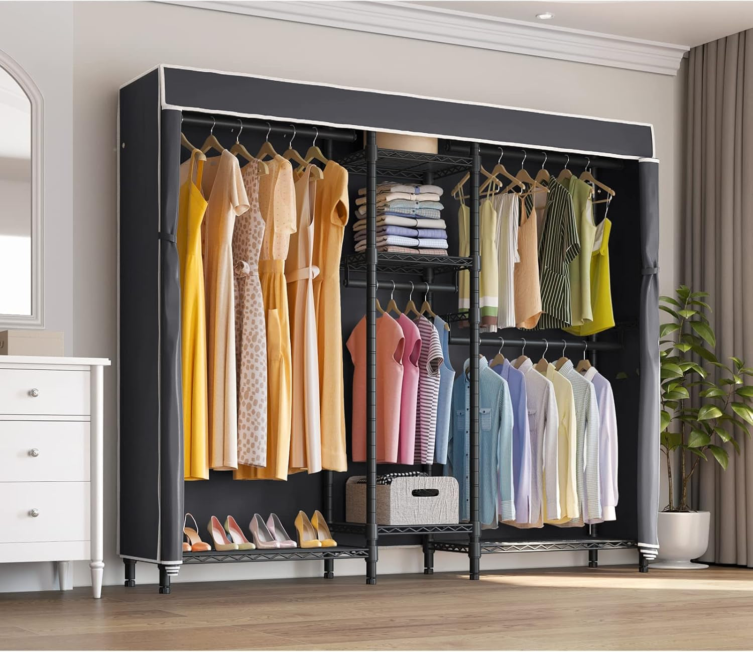 V6C Heavy Duty 5 Tiers Wire Garment Rack Large Size Wardrobe Closet Black Metal Clothing Rack with Black Oxford Fabric Cover, 75.6" L X 18.5" W X 76.4" H, Max Load 780 LBS