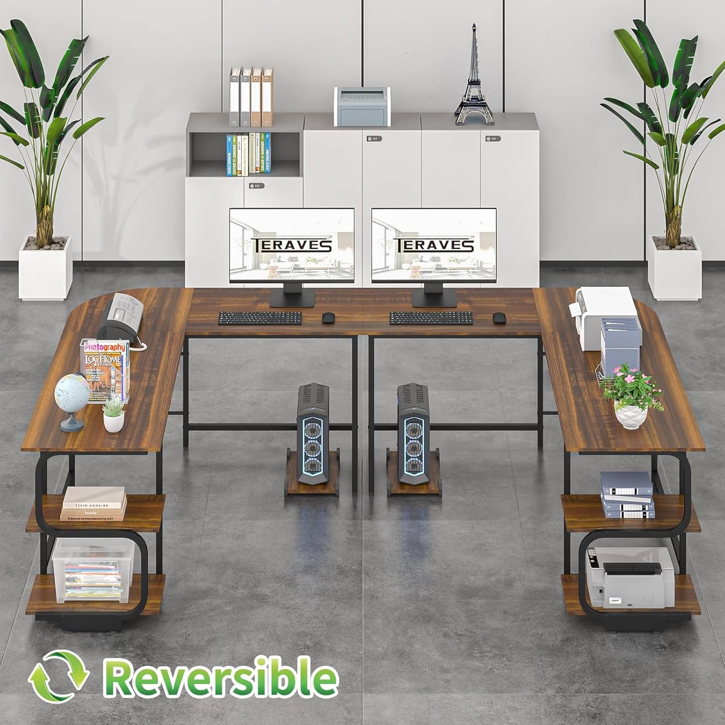 Reversible L Shaped Desk with Large Surface, 69 Inch Sturdy Corner Desk with Storage Shelves, Premium Office Computer Desk Workstation for Home Office Gaming