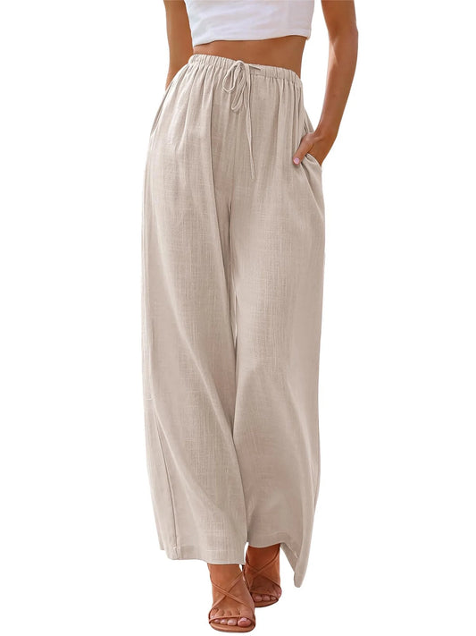 Pants for Women Wide Leg Linen Pant Casual Palazzo Summer Flowy Pants with Pocket Apricot Drawstring Comfy Loose Lounge Pants S