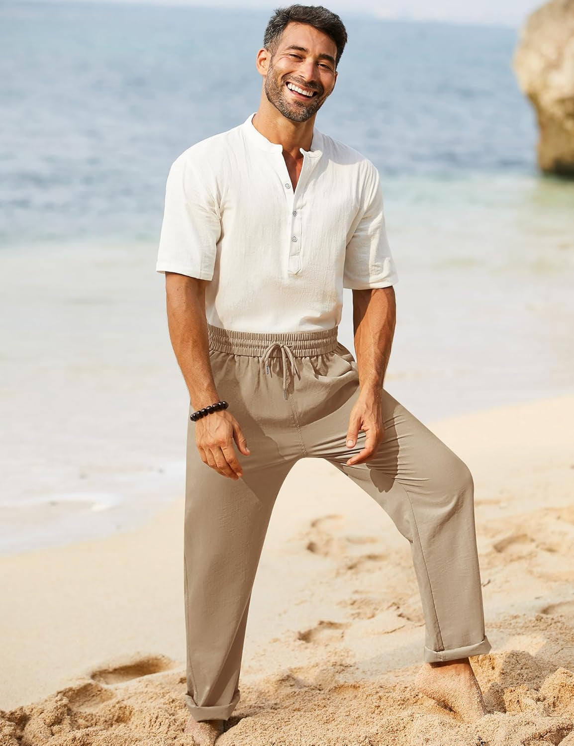 Linen Pants Men Casual 2025 Summer Beach Elastic Drawstring Waist Yoga Pants Travel Baggy Work Pant Pajama