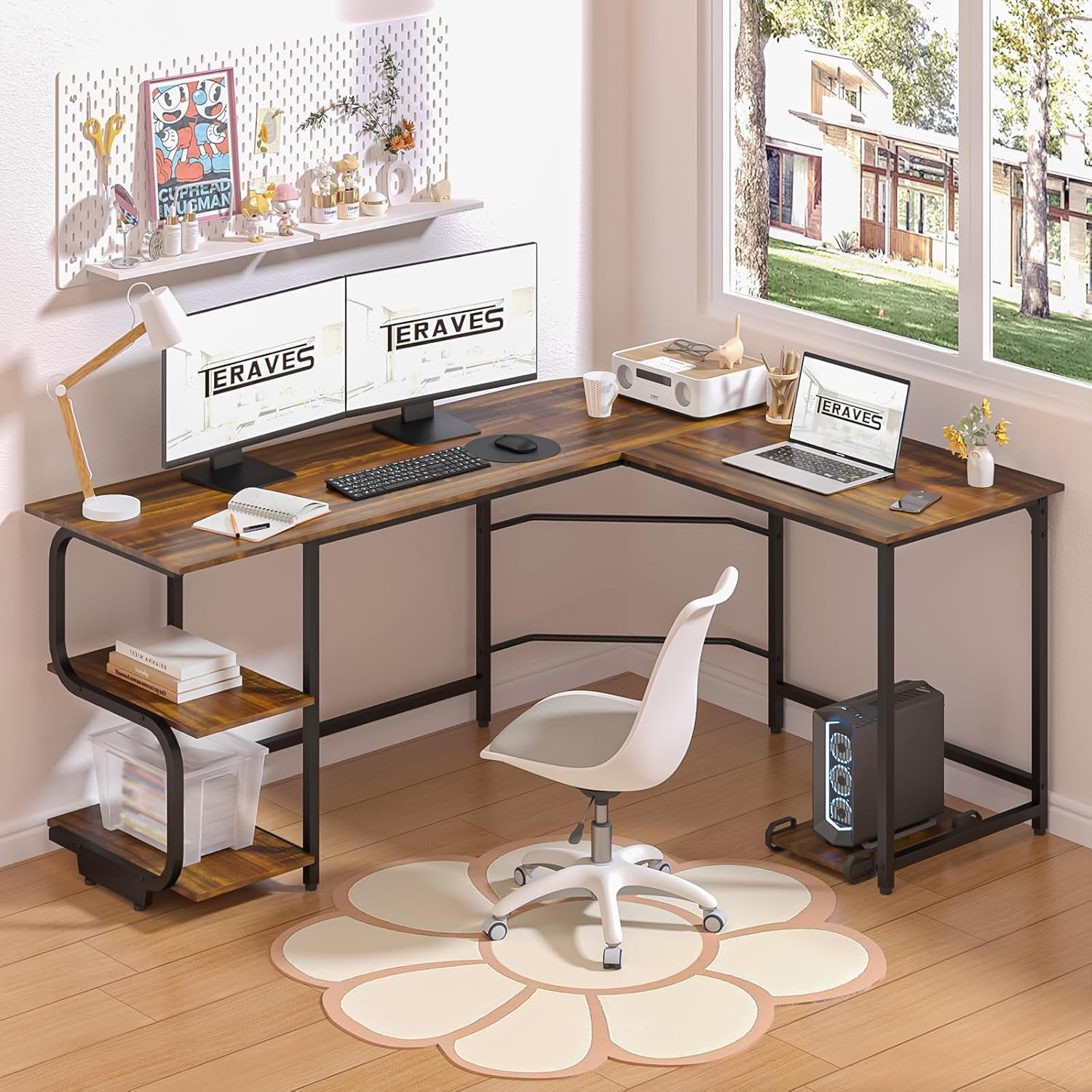 Reversible L Shaped Desk with Large Surface, 69 Inch Sturdy Corner Desk with Storage Shelves, Premium Office Computer Desk Workstation for Home Office Gaming