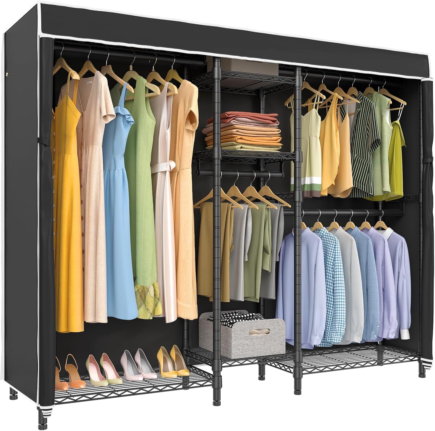 V6C Heavy Duty 5 Tiers Wire Garment Rack Large Size Wardrobe Closet Black Metal Clothing Rack with Black Oxford Fabric Cover, 75.6" L X 18.5" W X 76.4" H, Max Load 780 LBS