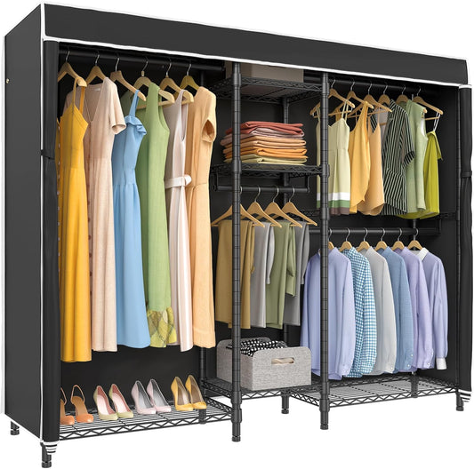 V6C Heavy Duty 5 Tiers Wire Garment Rack Large Size Wardrobe Closet Black Metal Clothing Rack with Black Oxford Fabric Cover, 75.6" L X 18.5" W X 76.4" H, Max Load 780 LBS