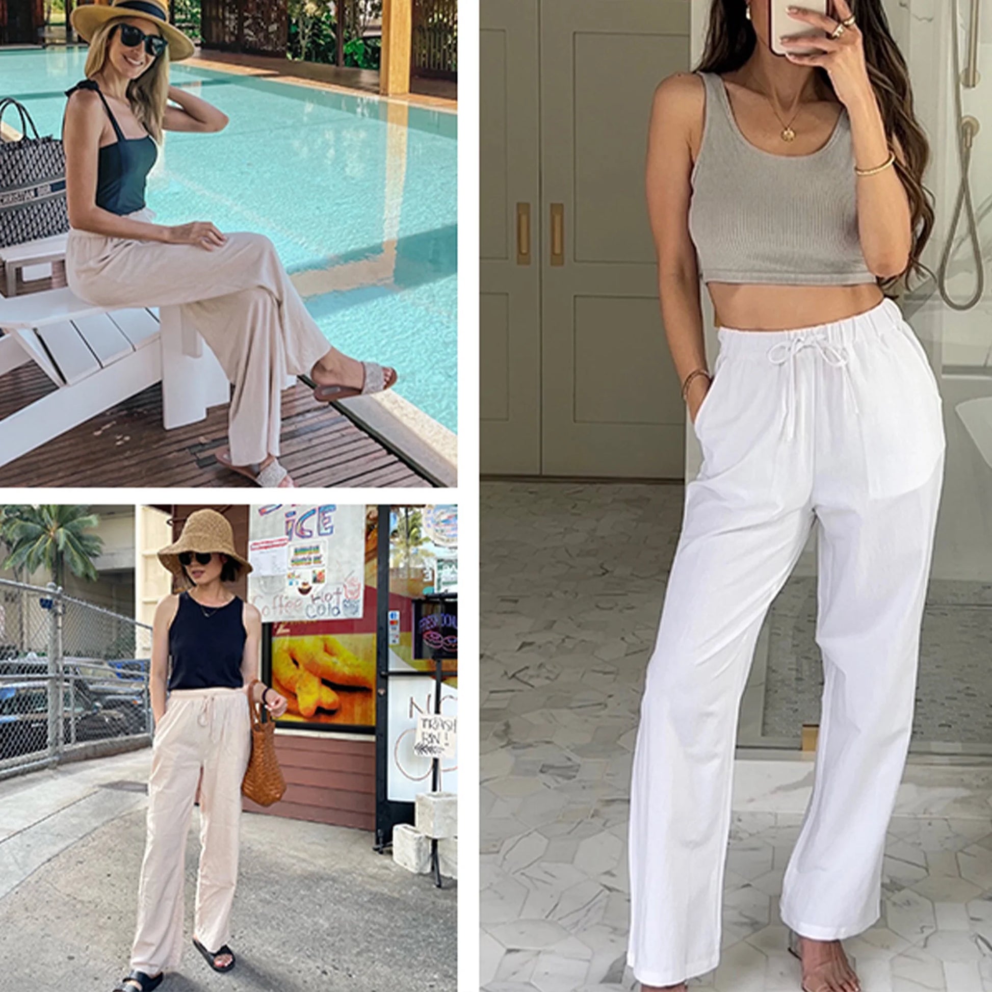 Pants for Women Wide Leg Linen Pant Casual Palazzo Summer Flowy Pants with Pocket Apricot Drawstring Comfy Loose Lounge Pants S