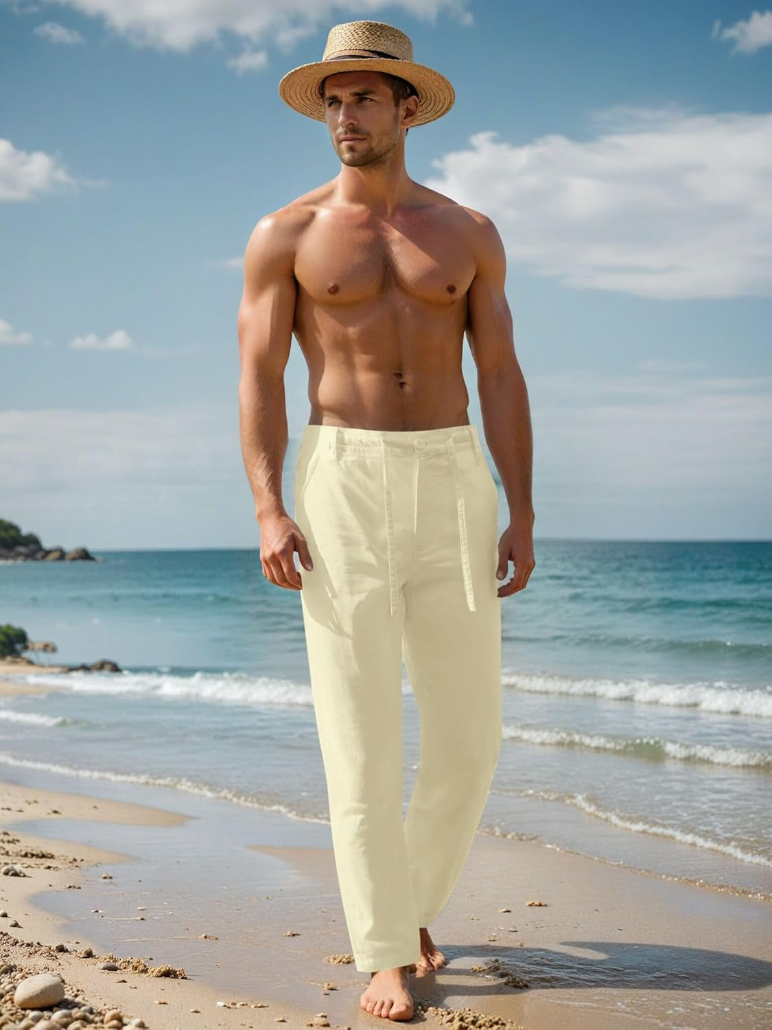 Men'S Linen Pants Casual Elastic Waist Drawstring Yoga Beach Trousers