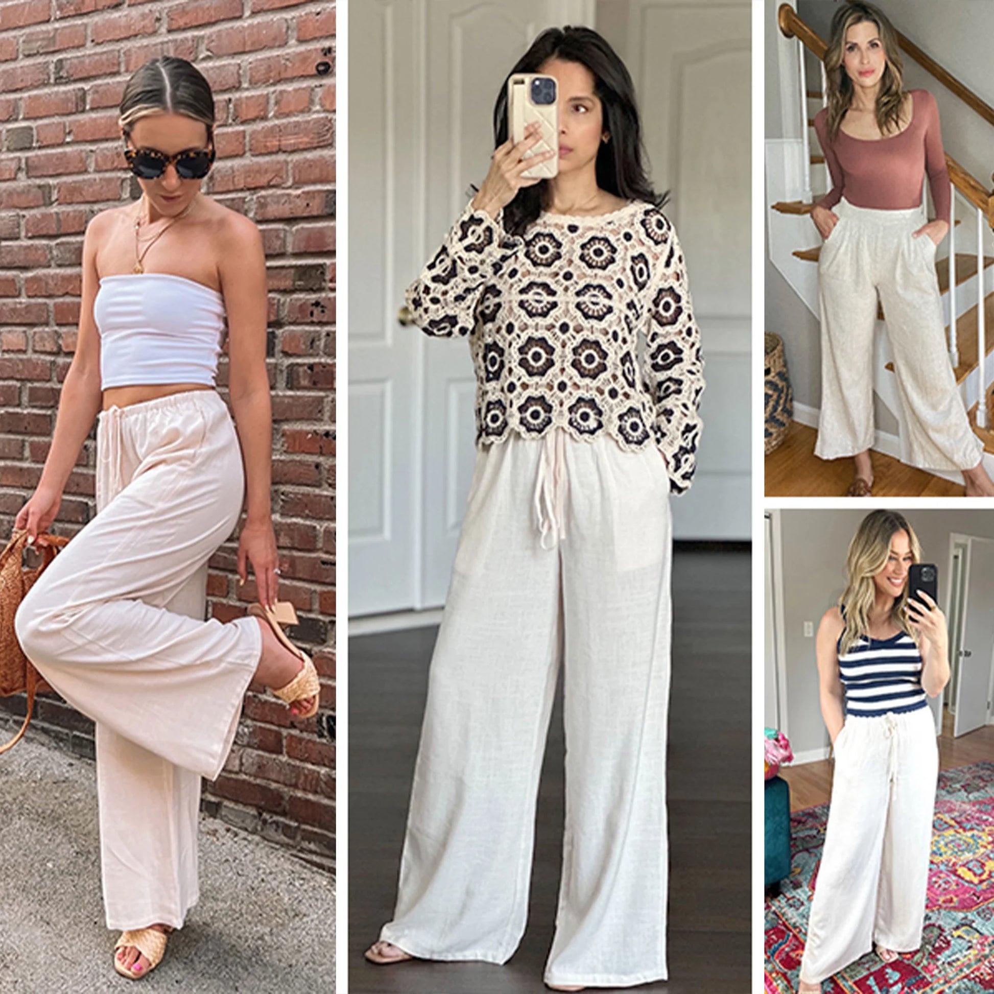 Pants for Women Wide Leg Linen Pant Casual Palazzo Summer Flowy Pants with Pocket Apricot Drawstring Comfy Loose Lounge Pants S