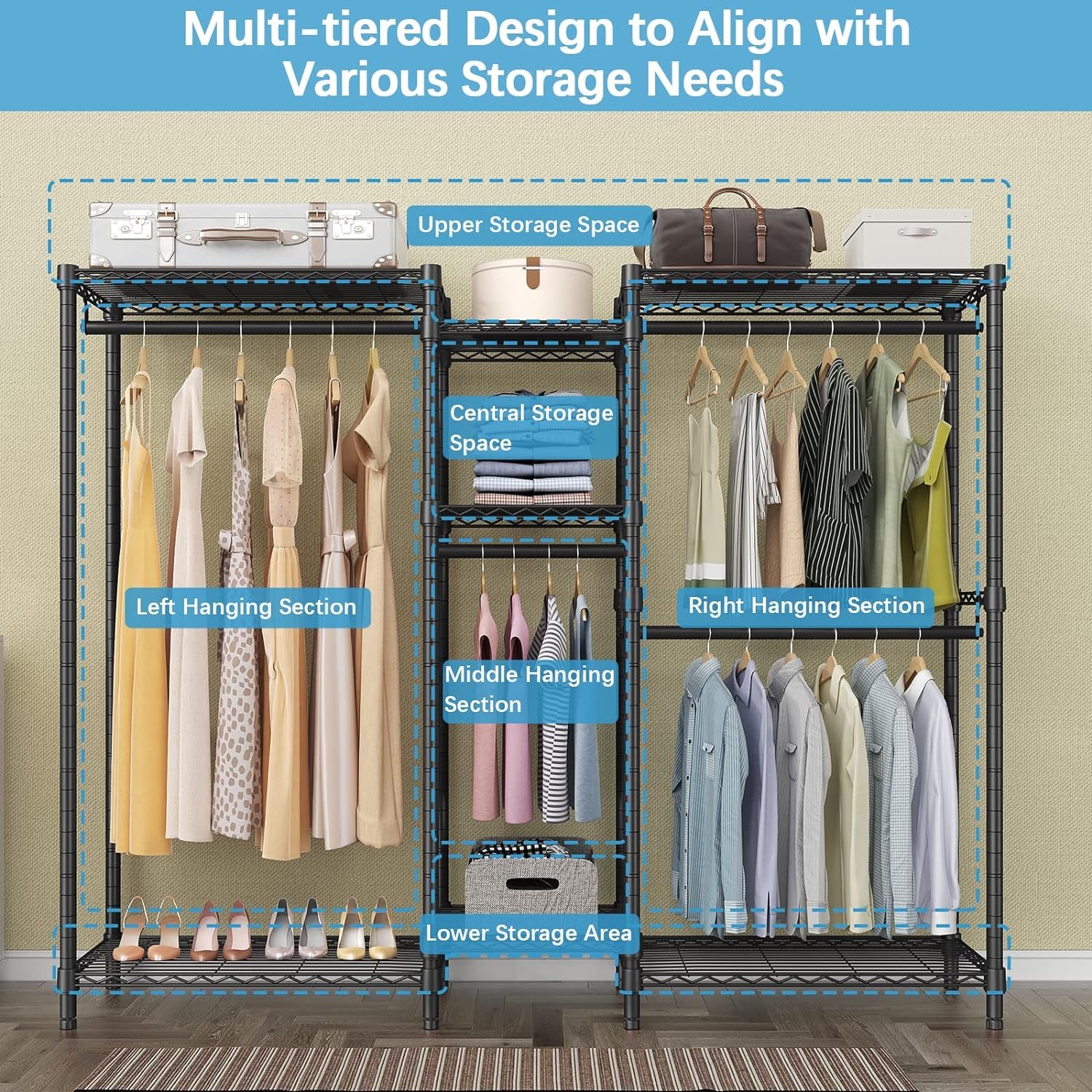V6C Heavy Duty 5 Tiers Wire Garment Rack Large Size Wardrobe Closet Black Metal Clothing Rack with Black Oxford Fabric Cover, 75.6" L X 18.5" W X 76.4" H, Max Load 780 LBS