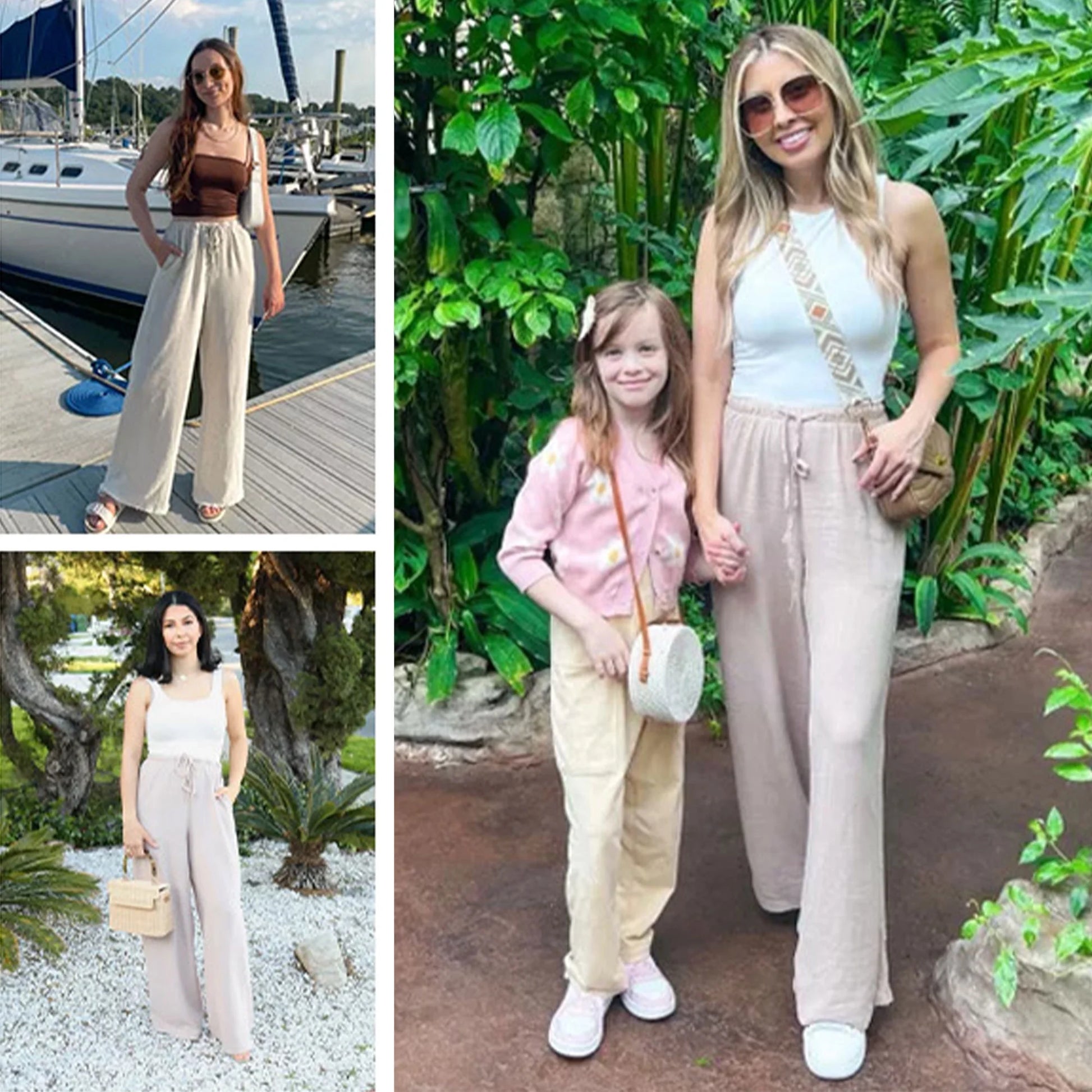 Pants for Women Wide Leg Linen Pant Casual Palazzo Summer Flowy Pants with Pocket Apricot Drawstring Comfy Loose Lounge Pants S