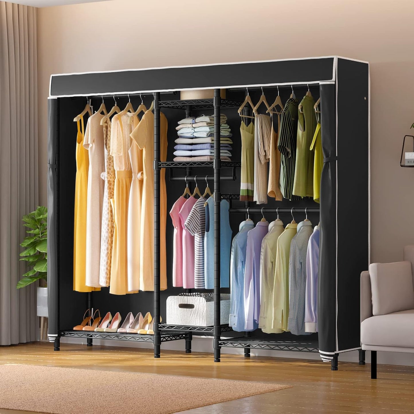 V6C Heavy Duty 5 Tiers Wire Garment Rack Large Size Wardrobe Closet Black Metal Clothing Rack with Black Oxford Fabric Cover, 75.6" L X 18.5" W X 76.4" H, Max Load 780 LBS