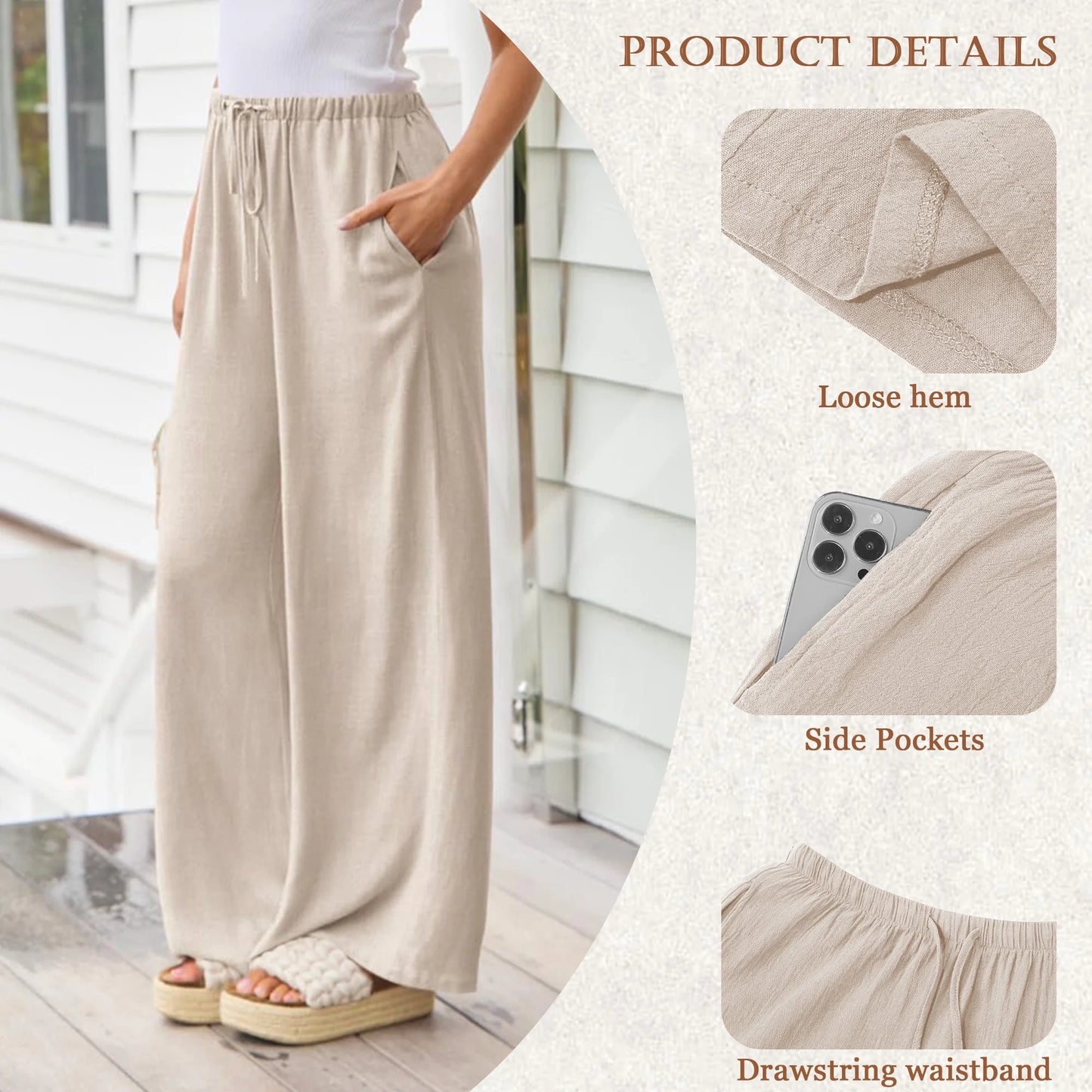 Pants for Women Wide Leg Linen Pant Casual Palazzo Summer Flowy Pants with Pocket Apricot Drawstring Comfy Loose Lounge Pants S