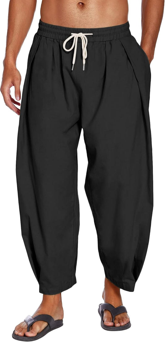 Men'S Cotton Linen Harem Pants Drawstring Casual Cropped Trousers Lightweight Loose Beach Yoga Pants with Pockets