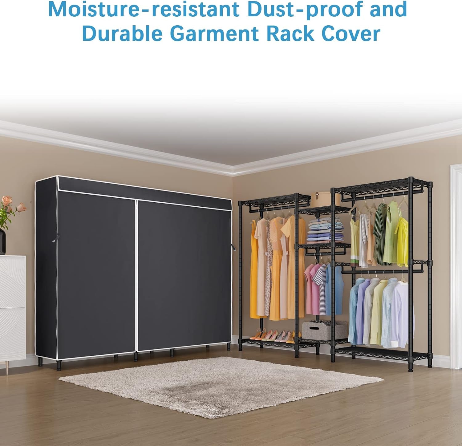 V6C Heavy Duty 5 Tiers Wire Garment Rack Large Size Wardrobe Closet Black Metal Clothing Rack with Black Oxford Fabric Cover, 75.6" L X 18.5" W X 76.4" H, Max Load 780 LBS