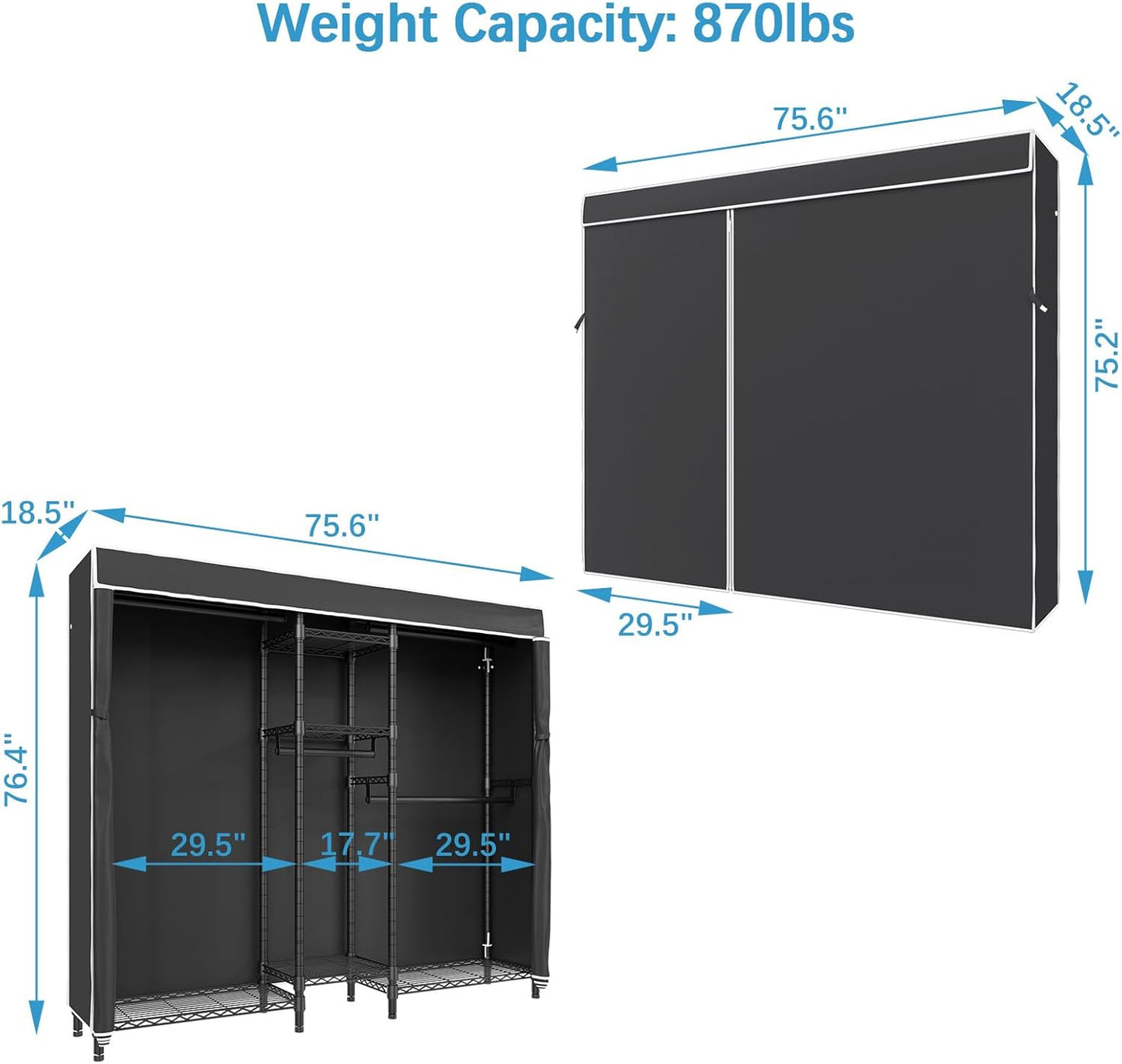 V6C Heavy Duty 5 Tiers Wire Garment Rack Large Size Wardrobe Closet Black Metal Clothing Rack with Black Oxford Fabric Cover, 75.6" L X 18.5" W X 76.4" H, Max Load 780 LBS