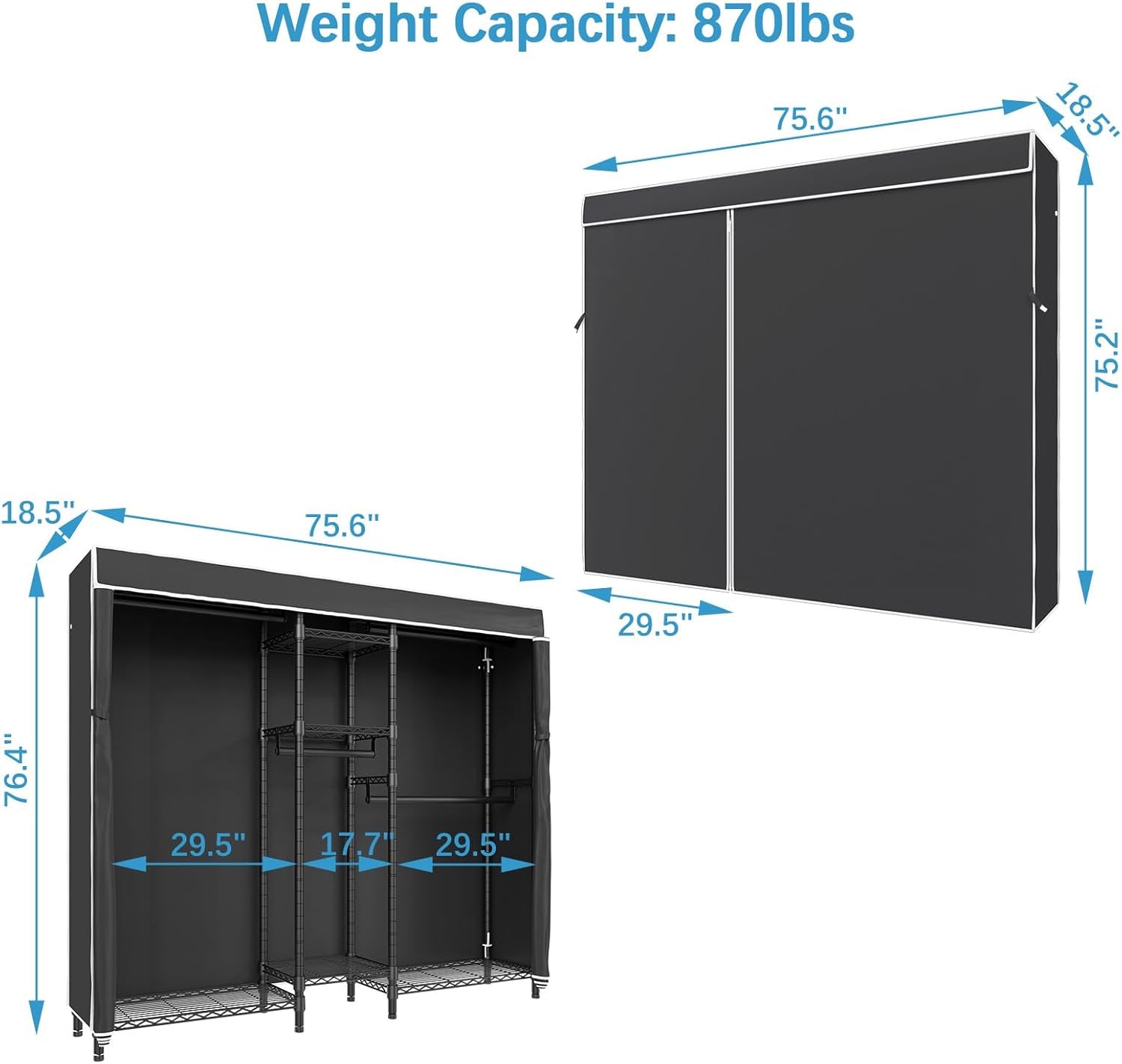 V6C Heavy Duty 5 Tiers Wire Garment Rack Large Size Wardrobe Closet Black Metal Clothing Rack with Black Oxford Fabric Cover, 75.6" L X 18.5" W X 76.4" H, Max Load 780 LBS